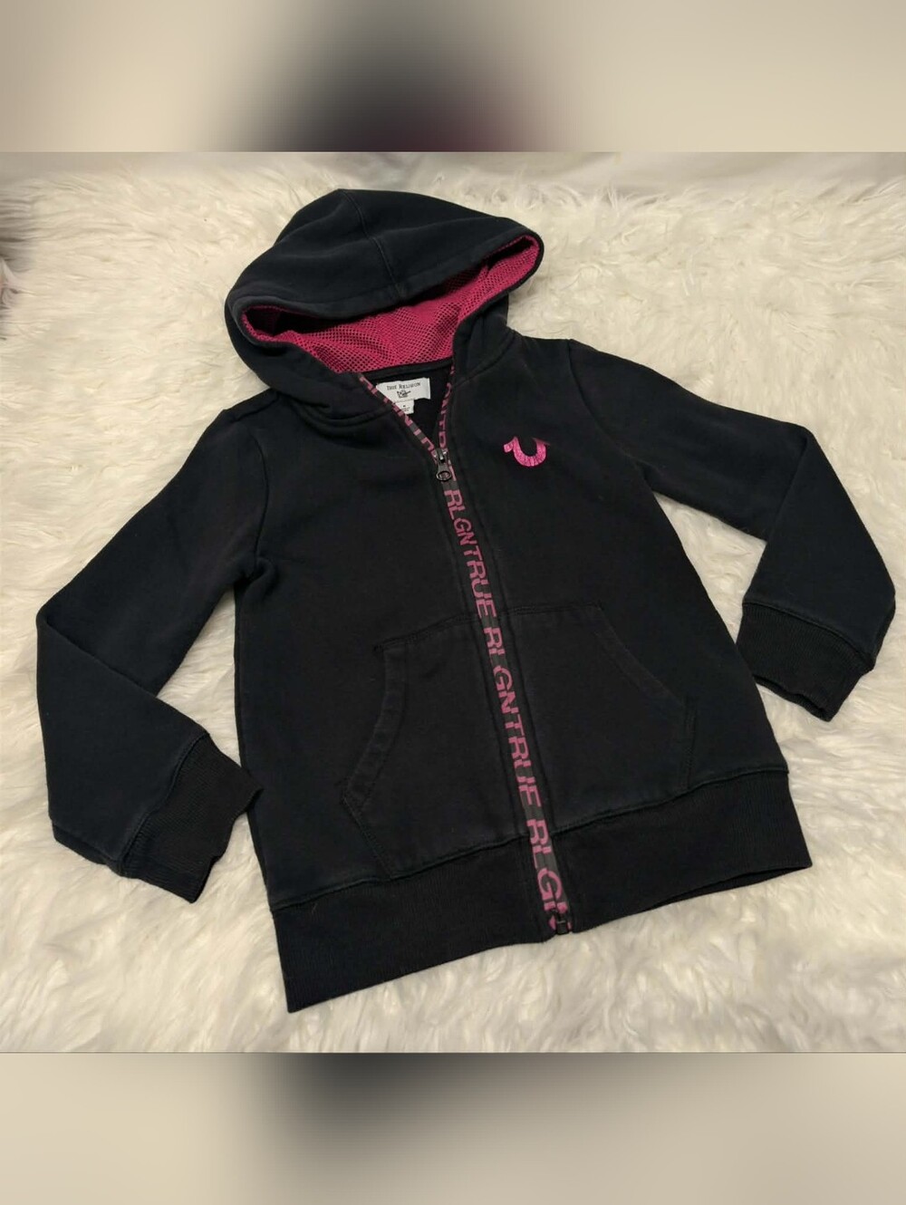 True Religion Black Hoodie with Pink Trim for Kids
